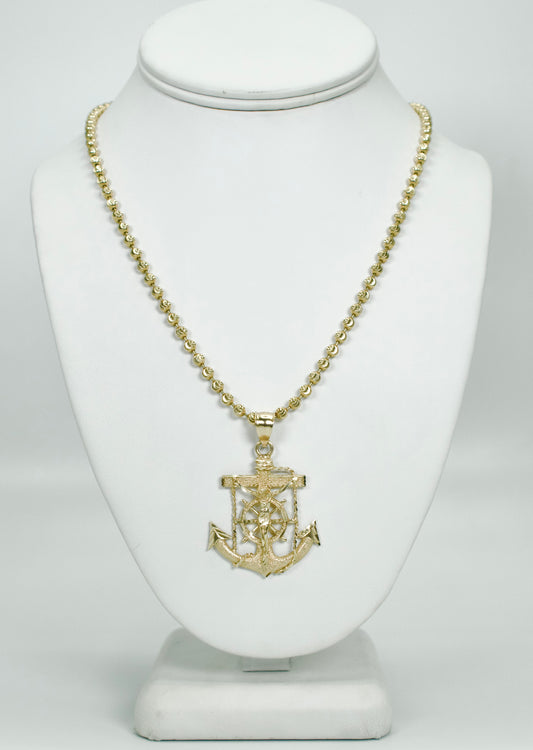 14K Jesus Anchor Pendant With Moon Cut Chain Yellow Gold