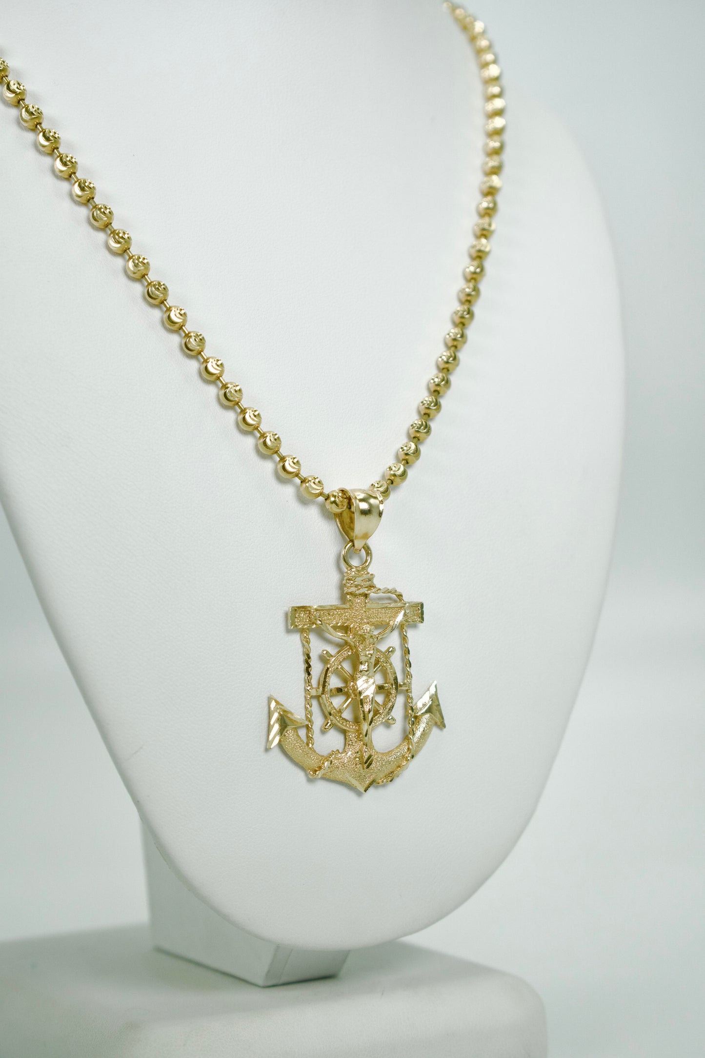 14K Jesus Anchor Pendant With Moon Cut Chain Yellow Gold