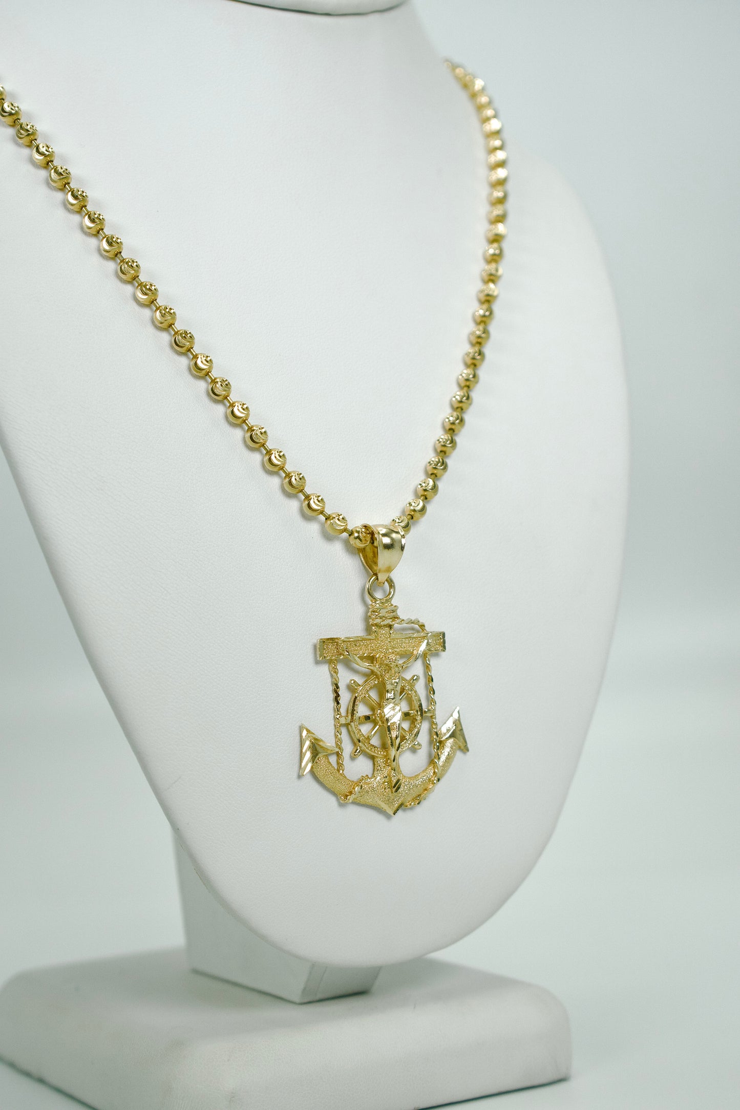 14K Jesus Anchor Pendant With Moon Cut Chain Yellow Gold