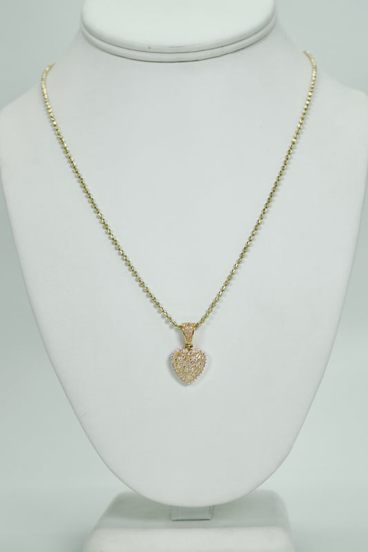 14K Heart Pendant Baguette / Cz Stones With Moon Cut Chain Yellow Gold