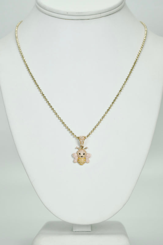 14K BEE Pendant Cz Stones With Moon Cut Chain Yellow Gold