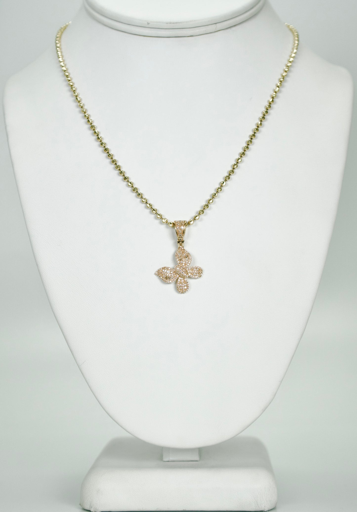 14K Butterfly Pendant Cz Stones With Moon Cut Chain Yellow Gold