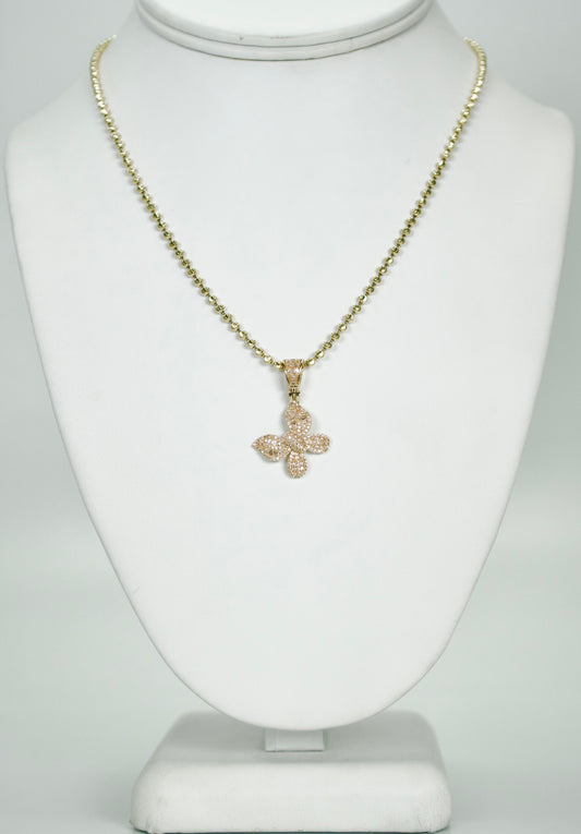 14K Butterfly Pendant Cz Stones With Moon Cut Chain Yellow Gold