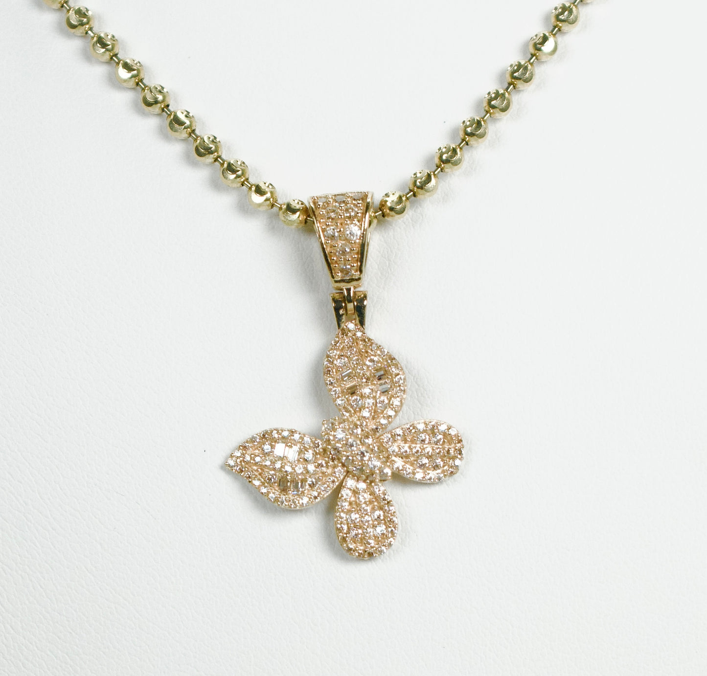14K Butterfly Pendant Cz Stones With Moon Cut Chain Yellow Gold