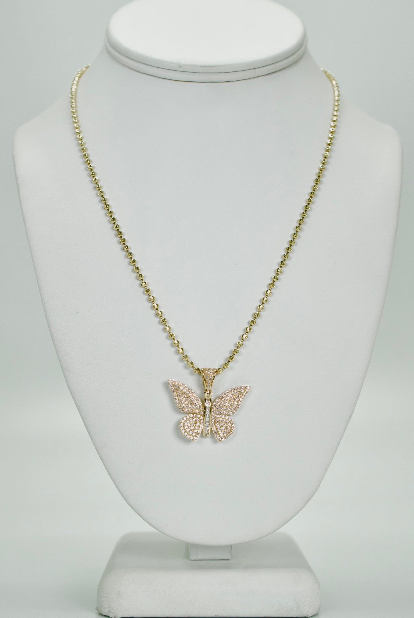 14K Butterfly Cz Stones Pendant With Moon Cut Chain Yellow Gold