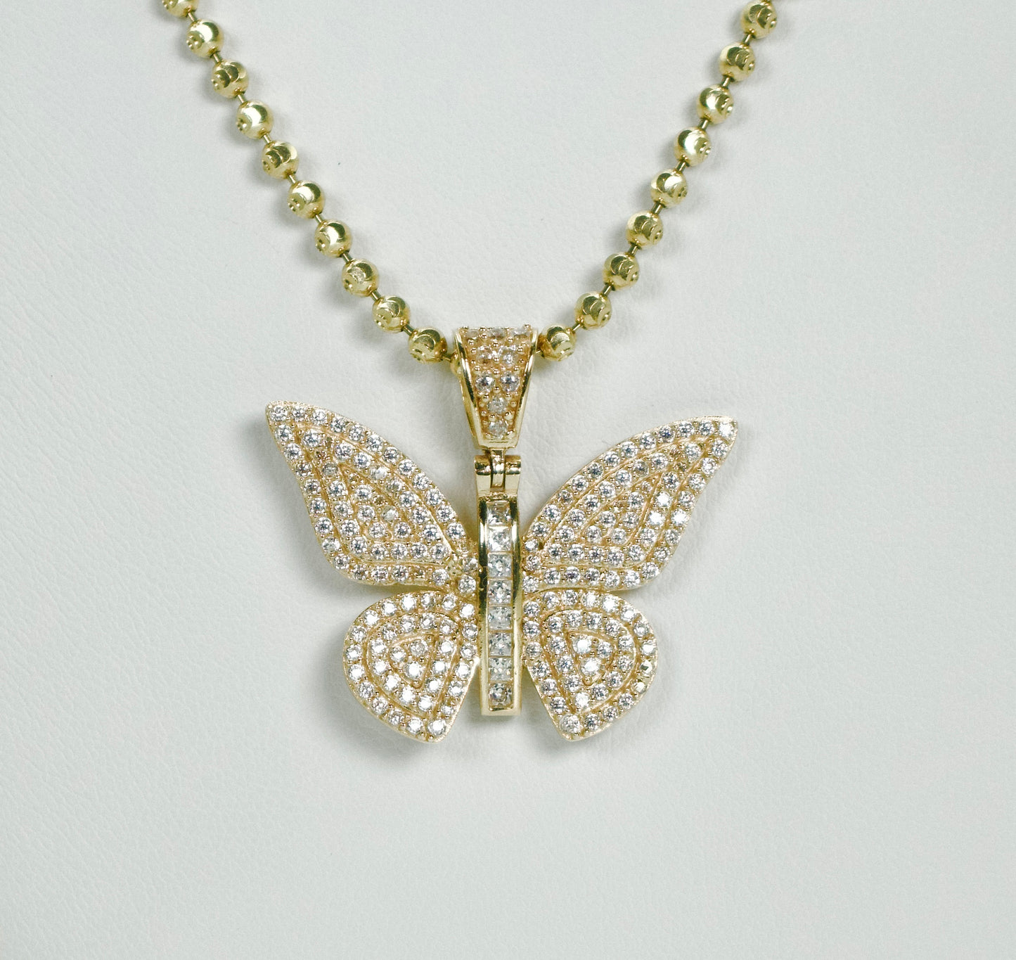 14K Butterfly Cz Stones Pendant With Moon Cut Chain Yellow Gold