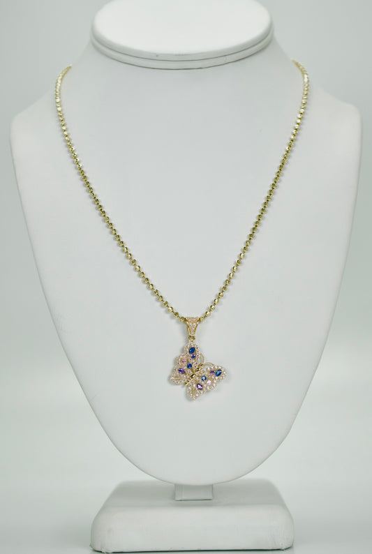 14K Butterfly Cz Stones Pendant With Moon Cut Chain Yellow Gold