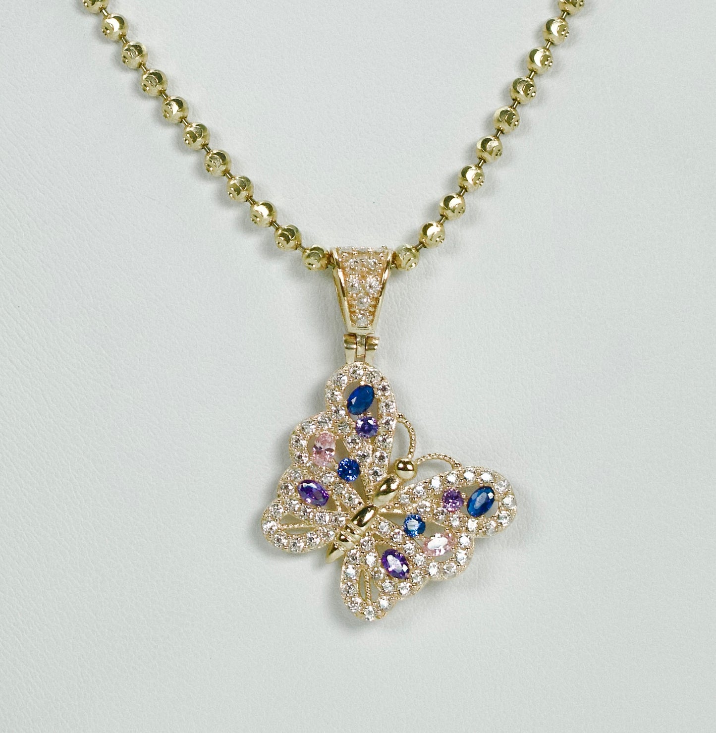 14K Butterfly Cz Stones Pendant With Moon Cut Chain Yellow Gold