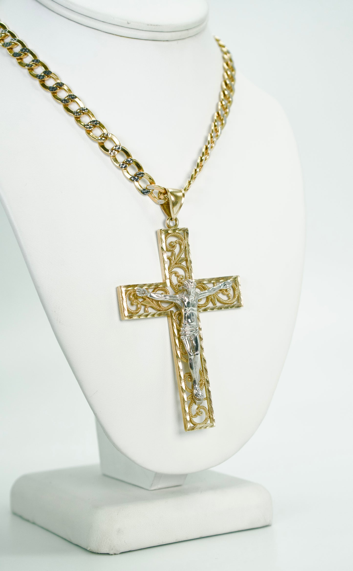 14K Jesus Christ Cross Pendant Two Tones With Cuban Chain Two Tones Yellow And White Gold