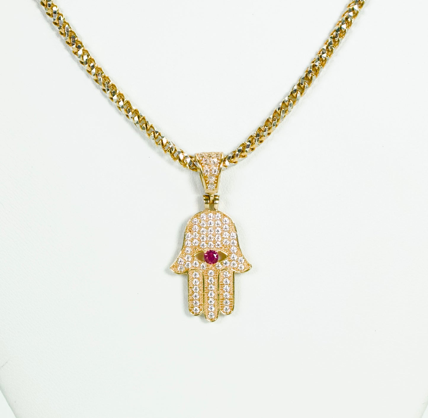 14K Hamsa Pendant Cz Stones With Franco Chain Two Tones