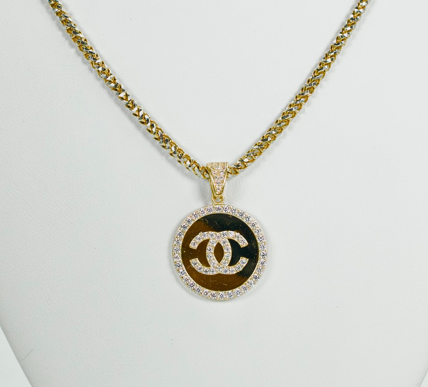 14K Round Pendant Cz Stones With Franco Chain Two Tones