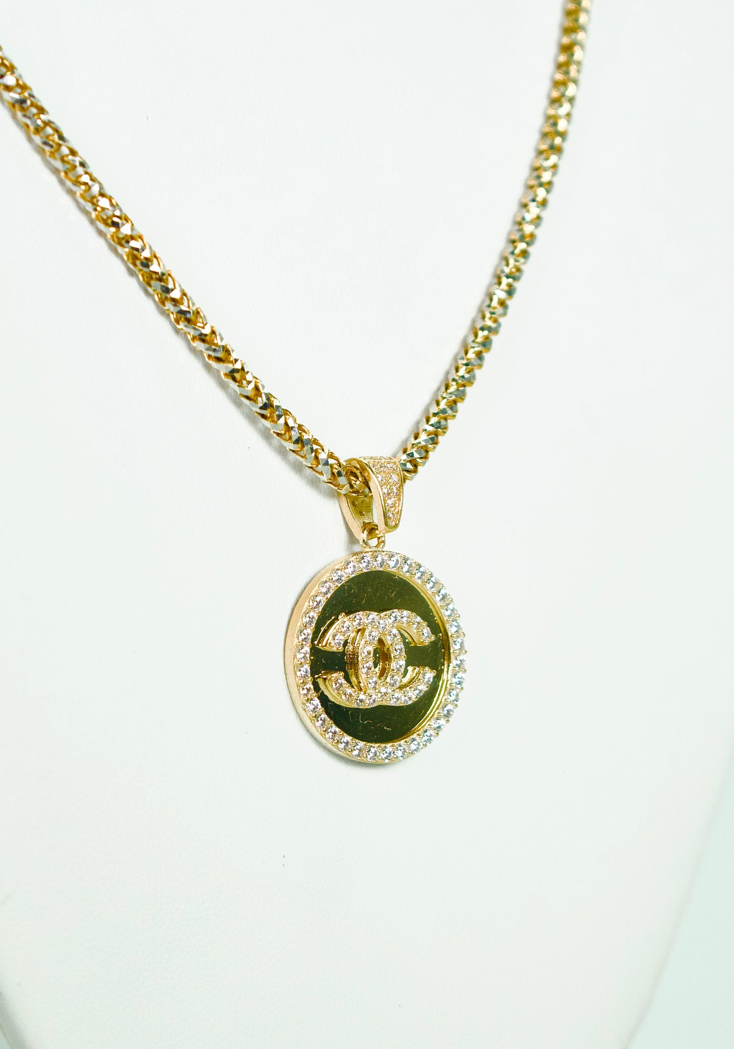 14K Round Pendant Cz Stones With Franco Chain Two Tones