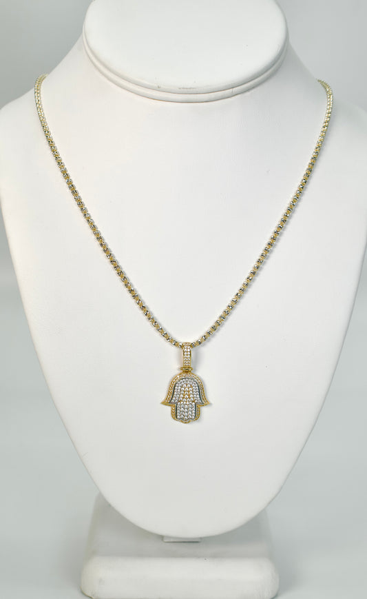 14K Hamsa Pendant Cz Stones With Ice Chain Yellow Gold