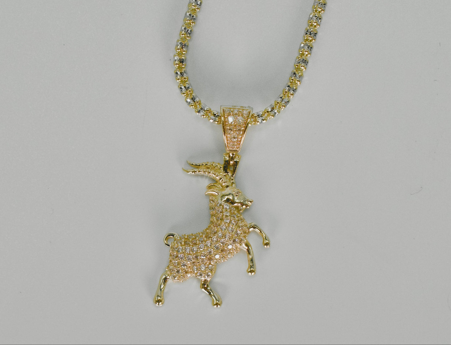 14K Goat Pendant Cz Stones With Ice Chain Yellow Gold