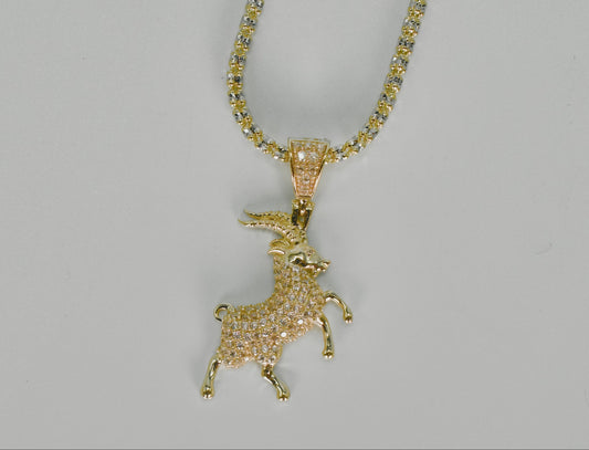 14K Goat Pendant Cz Stones With Ice Chain Yellow Gold