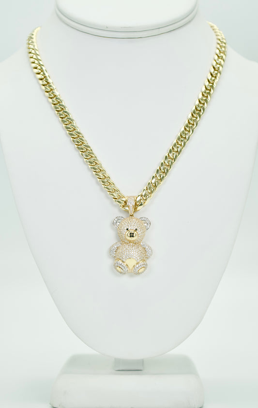 14K Tear Pendant Cz Stones With Miami Cuban Chain Yellow Gold