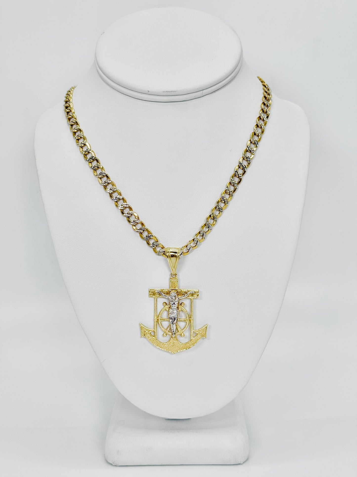 14K Anchor Pendant Two Tones With Semi-Solid Cuban Chain Two Tones Yellow Gold