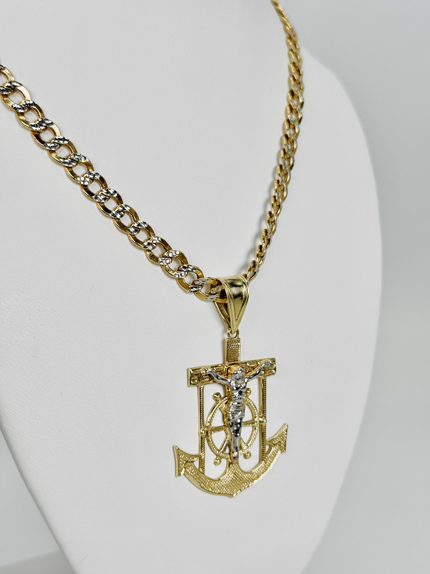 14K Anchor Pendant Two Tones With Semi-Solid Cuban Chain Two Tones Yellow Gold