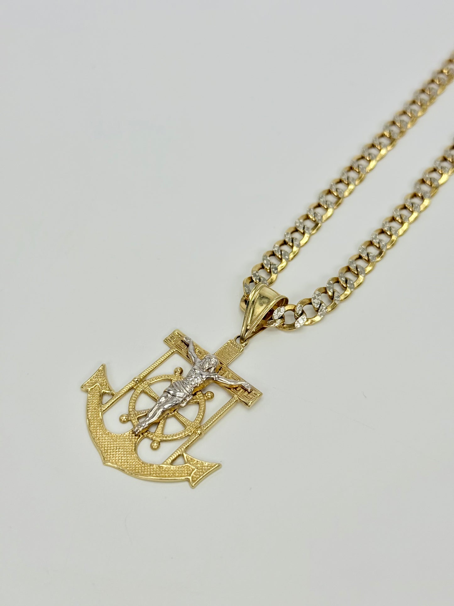 14K Anchor Pendant Two Tones With Semi-Solid Cuban Chain Two Tones Yellow Gold