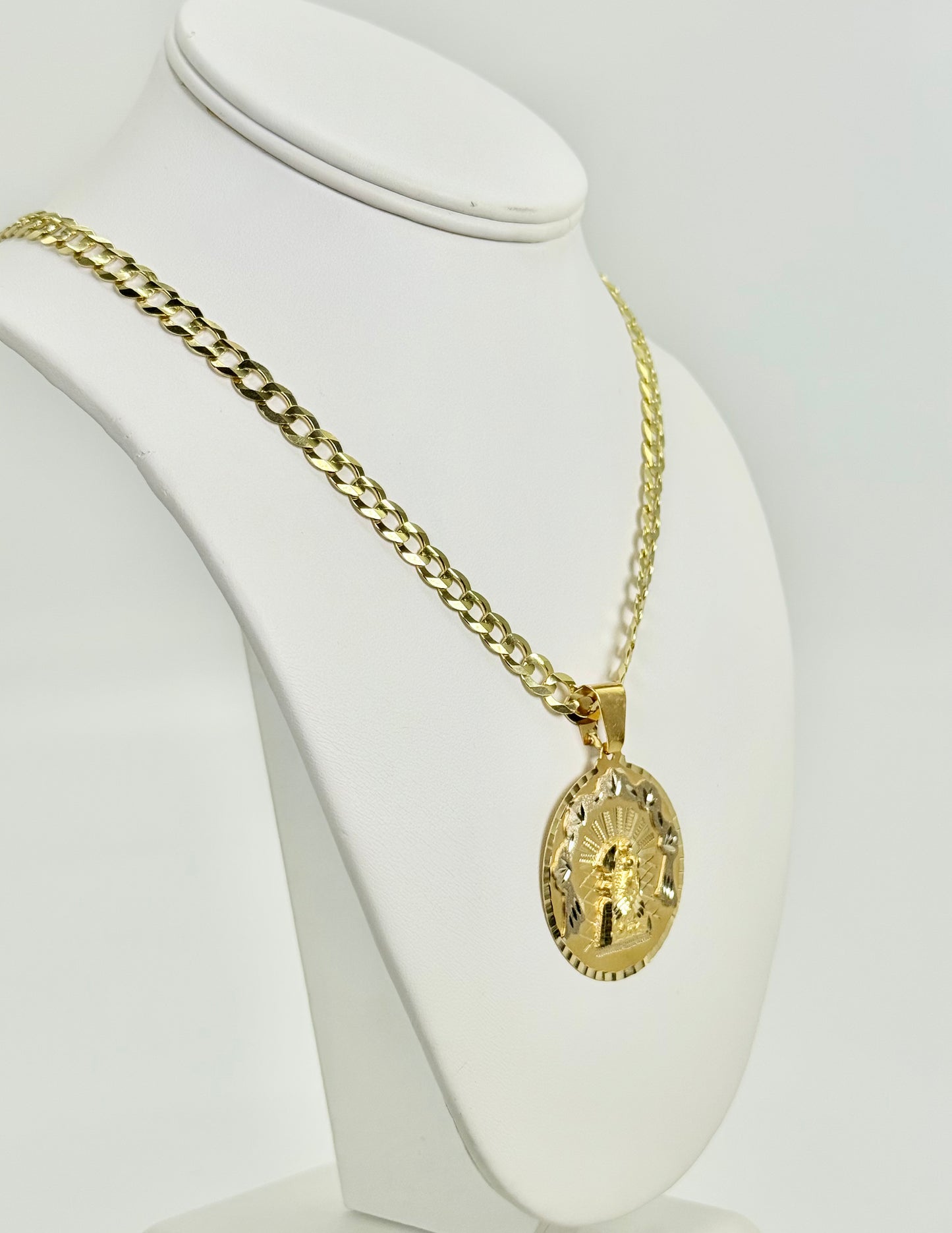 14K Round Virgen Maria Pendant With Solid Flat Cuban Chain Yellow Gold