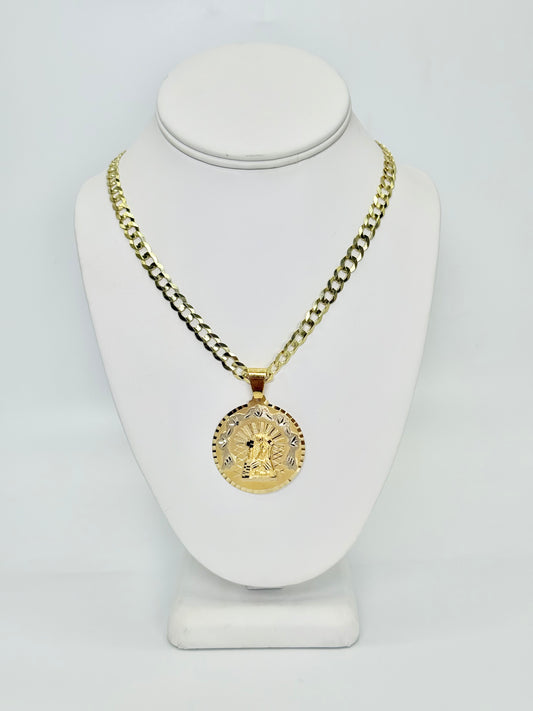 14K Round Virgen Maria Pendant With Solid Flat Cuban Chain Yellow Gold