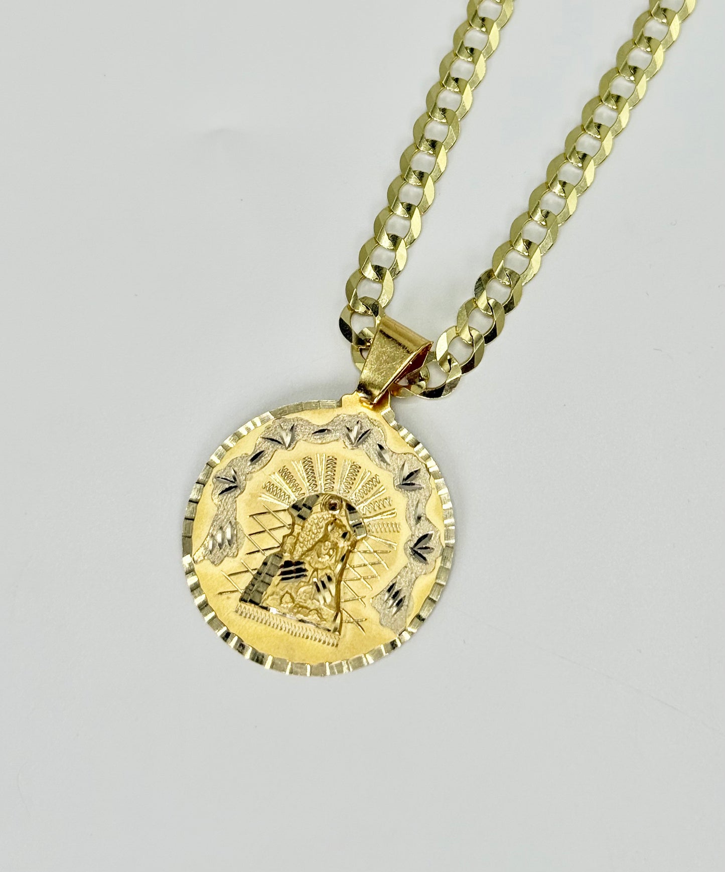 14K Round Virgen Maria Pendant With Solid Flat Cuban Chain Yellow Gold