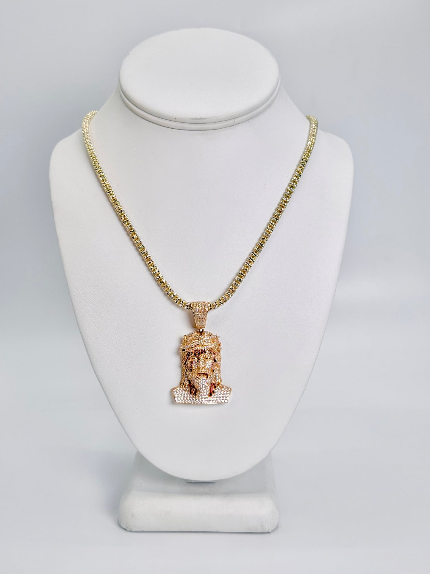 14K Jesus Face Pendant Cz Stones With Ice Chain Yellow Gold