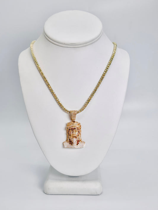 14K Jesus Face Pendant Cz Stones With Ice Chain Yellow Gold