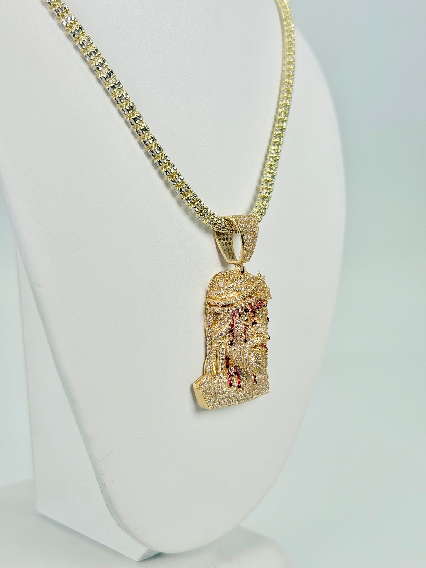 14K Jesus Face Pendant Cz Stones With Ice Chain Yellow Gold