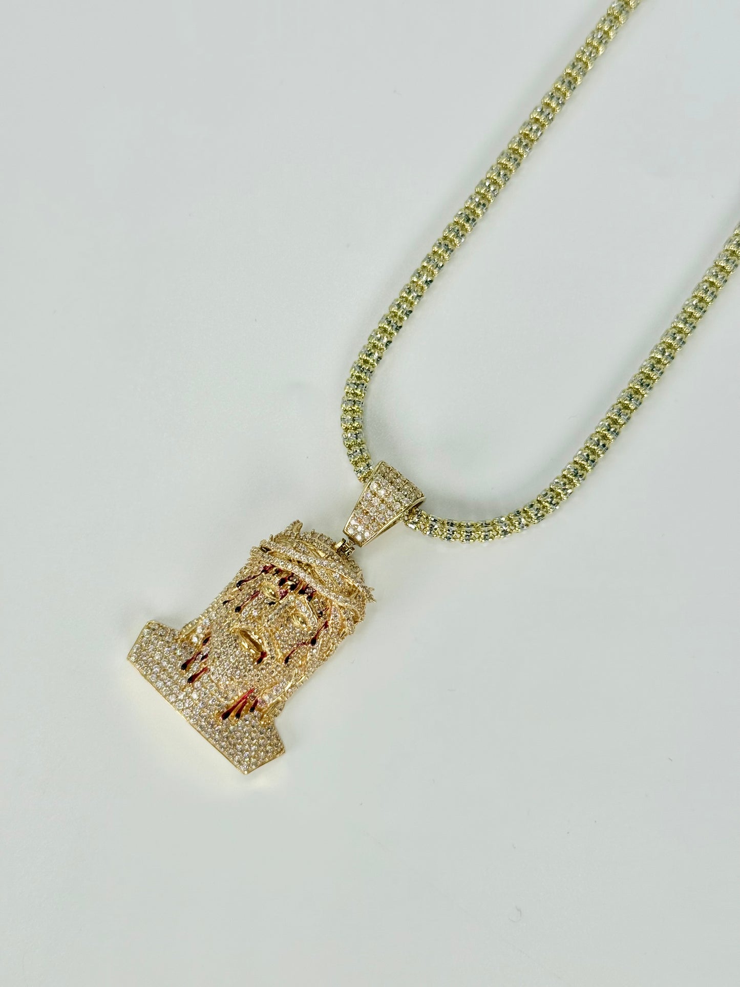 14K Jesus Face Pendant Cz Stones With Ice Chain Yellow Gold