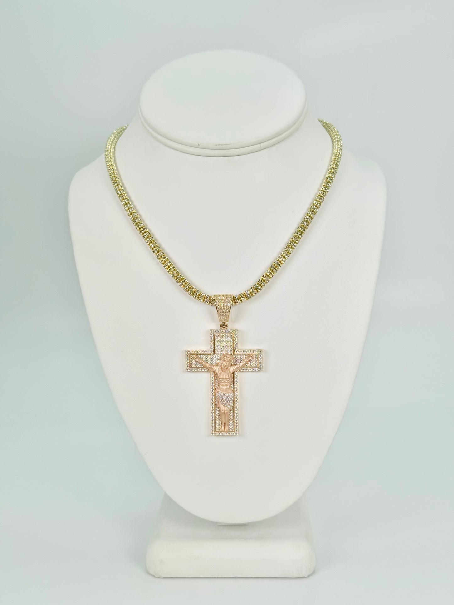 14K Jesus Christ Cross Pendant Two Tones (Yellow And Rose Gold) With Ice Chain Yellow Gol