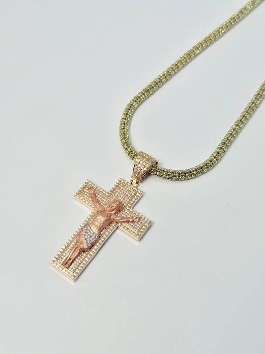 14K Jesus Christ Cross Pendant Two Tones (Yellow And Rose Gold) With Ice Chain Yellow Gol