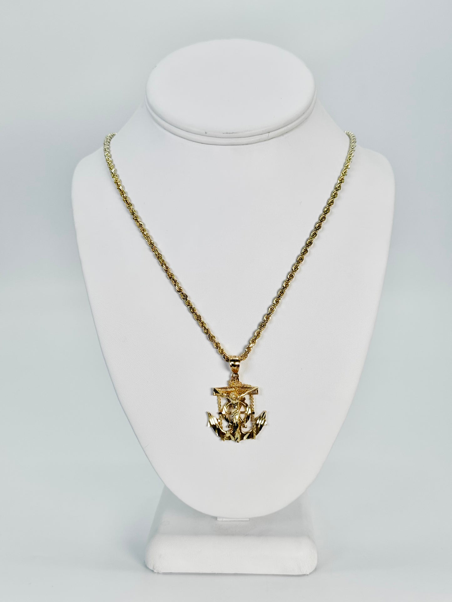 14K Jesus Anchor Pendant With Rope Chain Yellow Gold