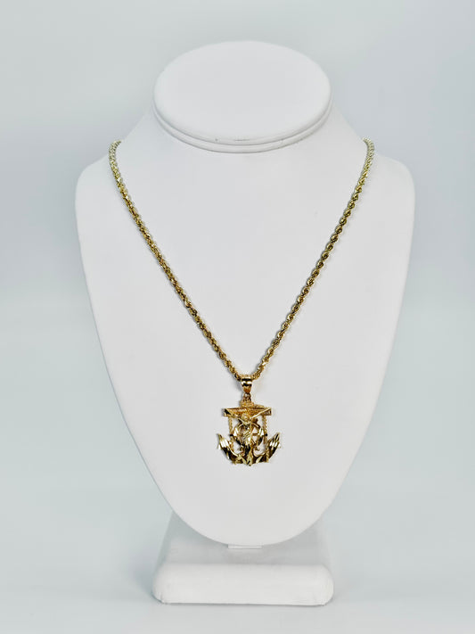 14K Jesus Anchor Pendant With Rope Chain Yellow Gold