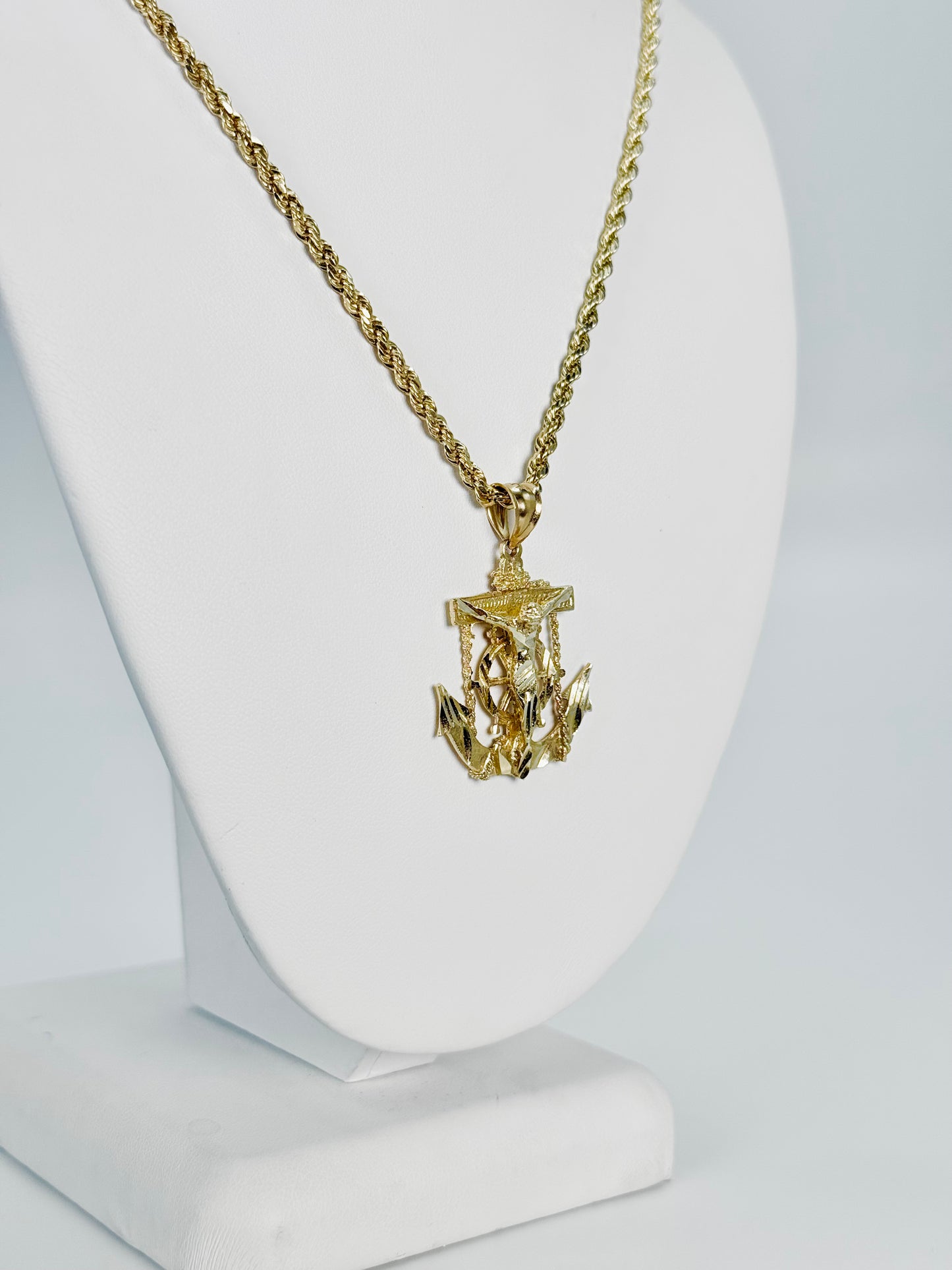 14K Jesus Anchor Pendant With Rope Chain Yellow Gold