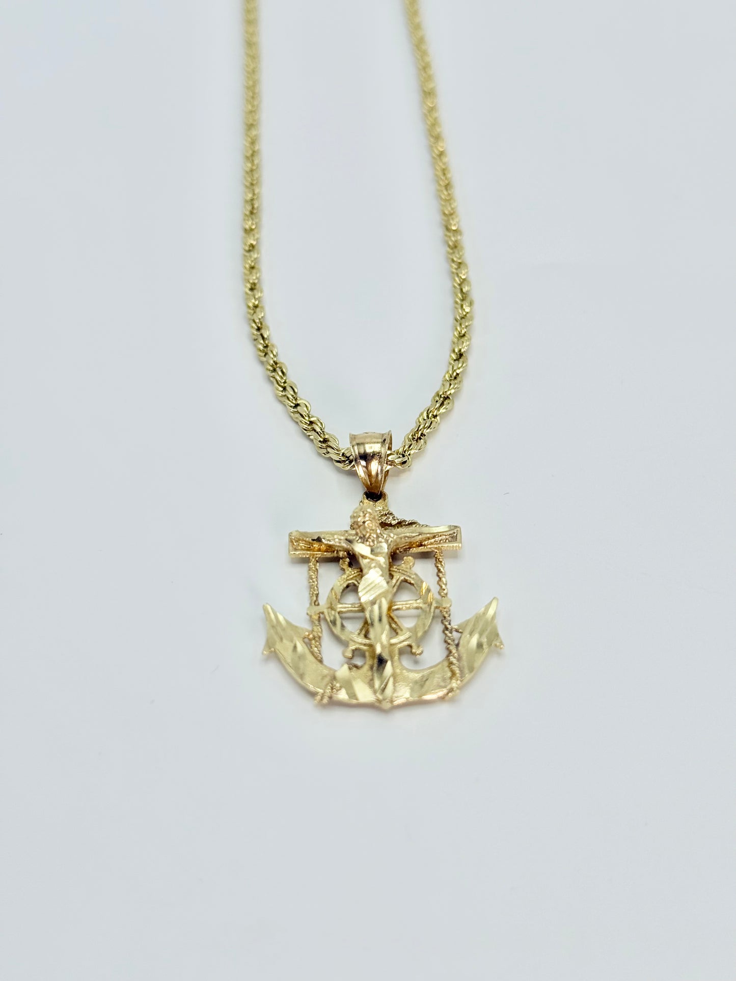 14K Jesus Anchor Pendant With Rope Chain Yellow Gold