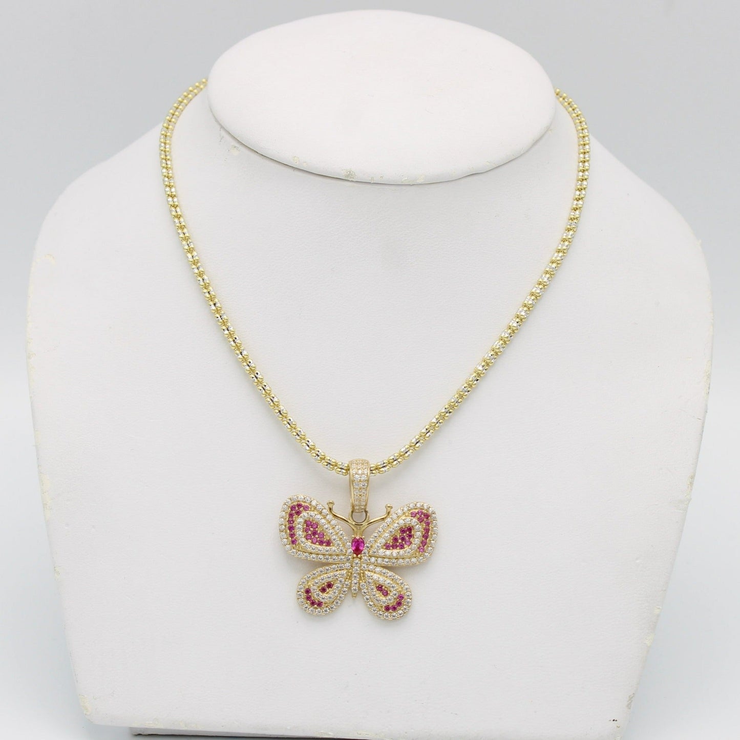 14K Butterfly Pendant Cz Stones With Ice Chain Yellow Gold