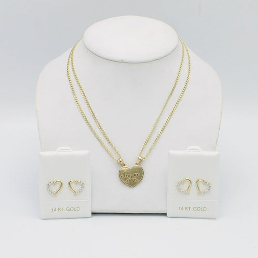 14K Set 2 Half - Half Heart Pendant with Cuban Chains with Heart Earrings Yellow Gold