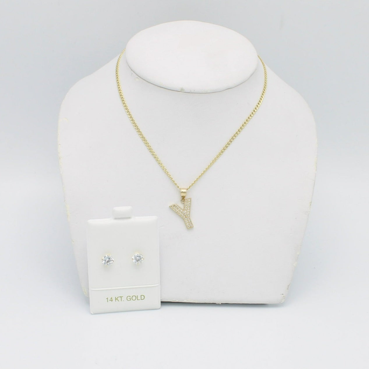 14K Cz Earrings - 14K Initials Pendant Cz Stones With Cuban Chain Yellow Gold