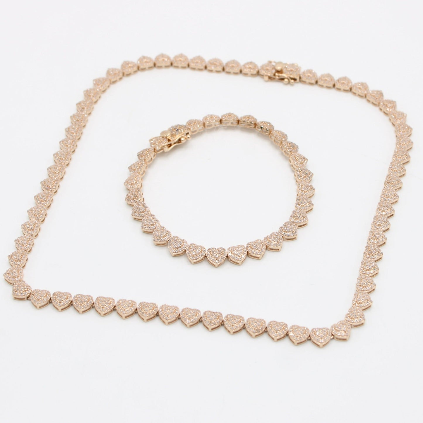 14K Set Heart Choker With Bracelet Cz Stones Rose Gold