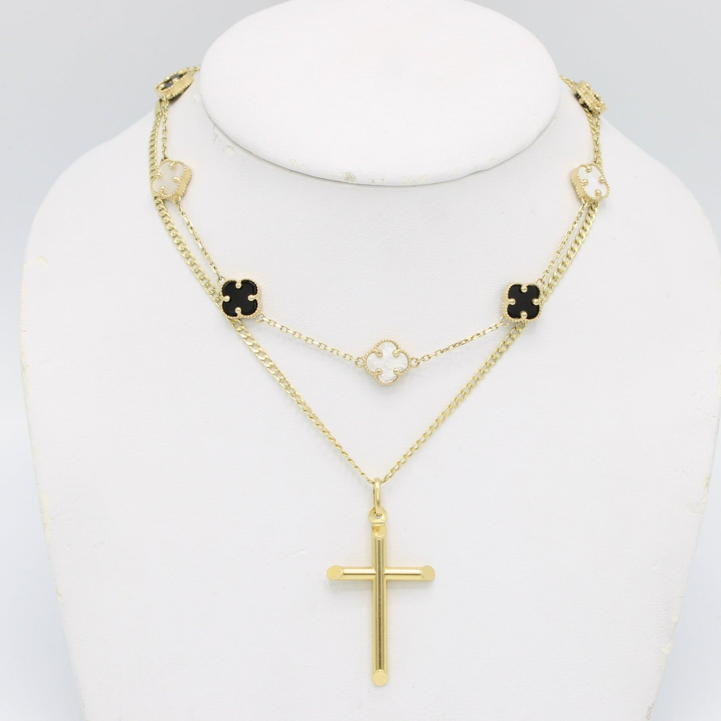 Combo 14K Fancy Necklace VC ( Black )with Cross Pendant With Cuban Chain Yellow Gold