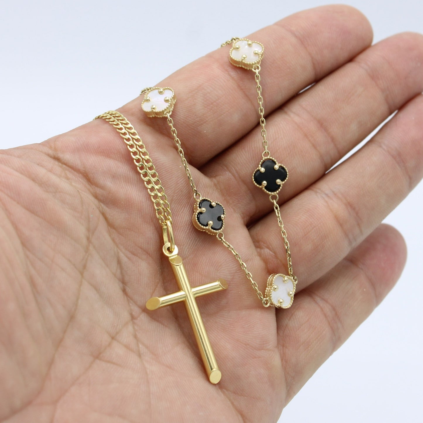 Combo 14K Fancy Necklace VC ( Black )with Cross Pendant With Cuban Chain Yellow Gold