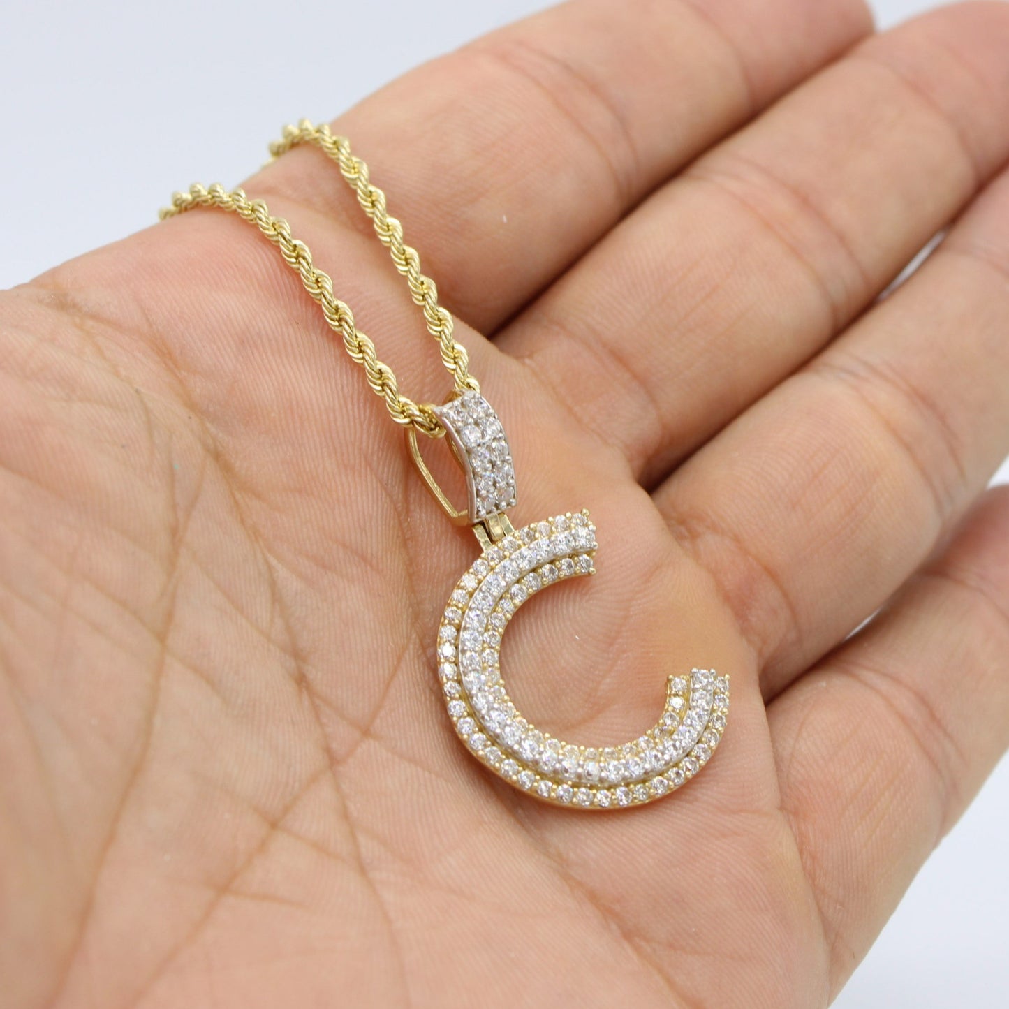 14K Initial Name Pendant Cz Stones With Rope Chain Yellow Gold