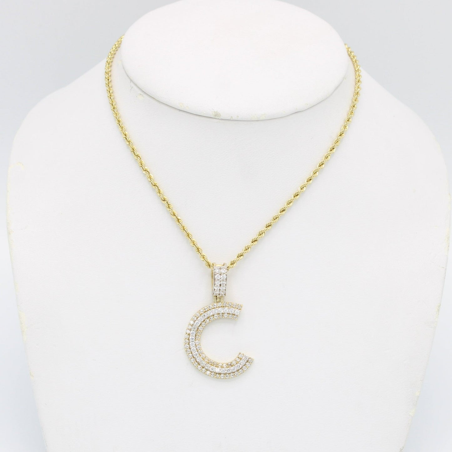 14K Initial Name Pendant Cz Stones With Rope Chain Yellow Gold