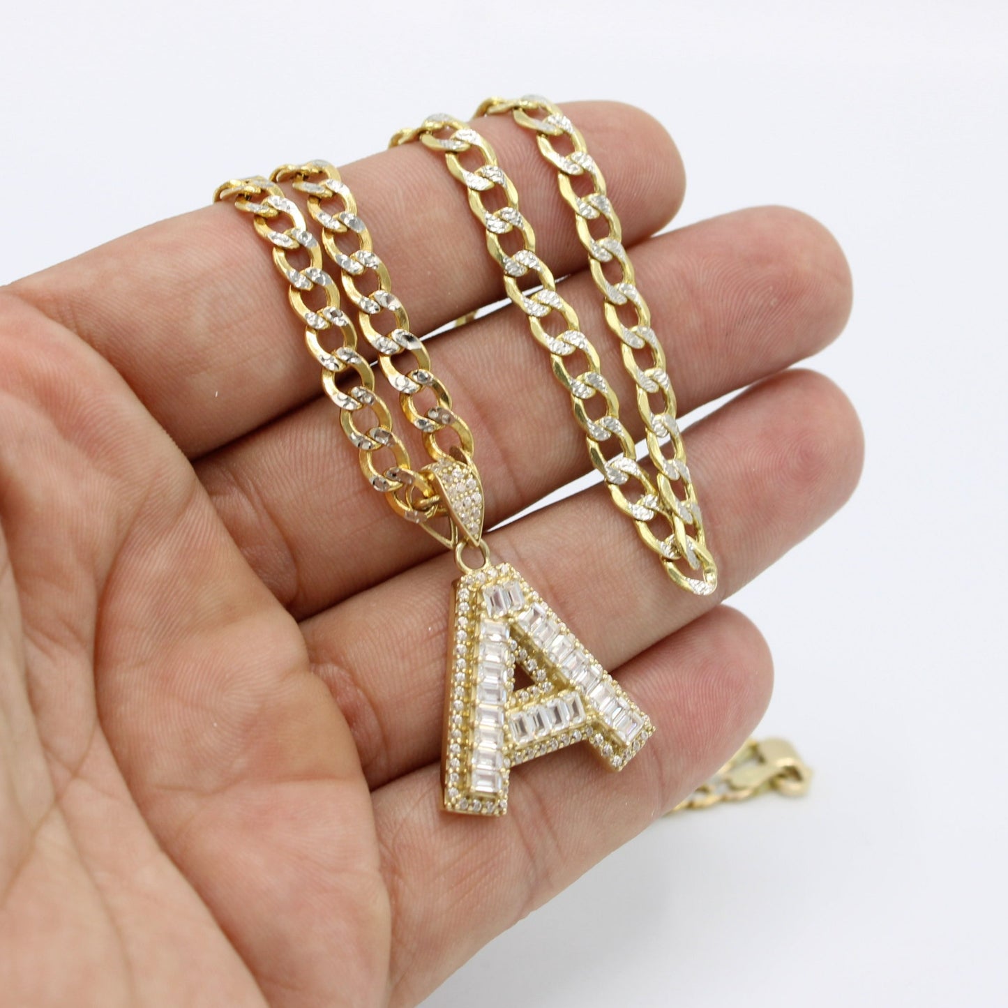 14K Initial Name Pendant Cz Stones With Flat Cuban Chain Two Tones Yellow Gold