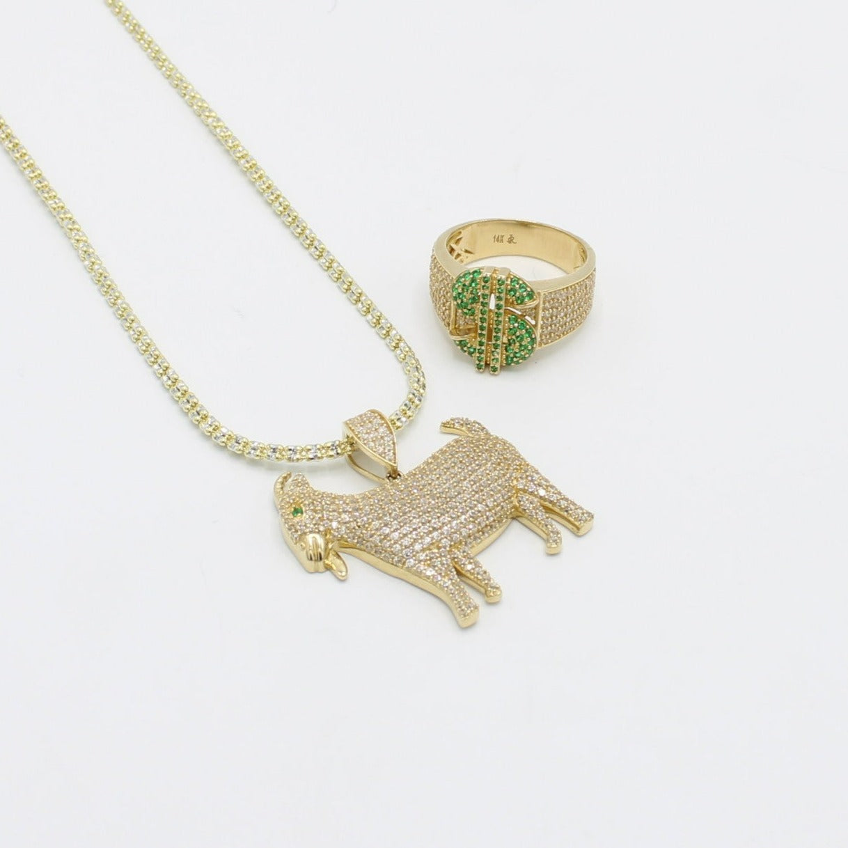 14K Goat Pendant Cz Stones With Ice Chain And Money Sing Ring Yellow Gold