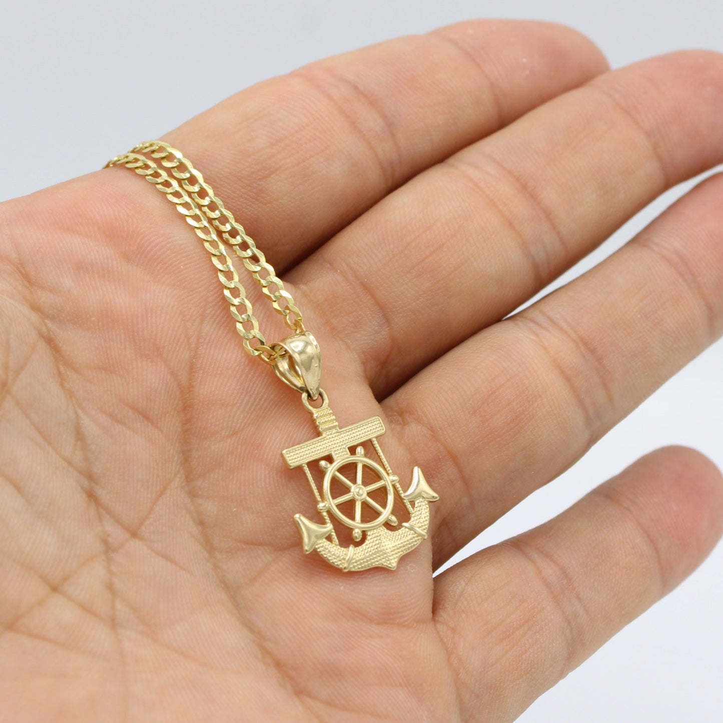 14K Anchor Pendant With Flat Cuban Chain Yellow Gold