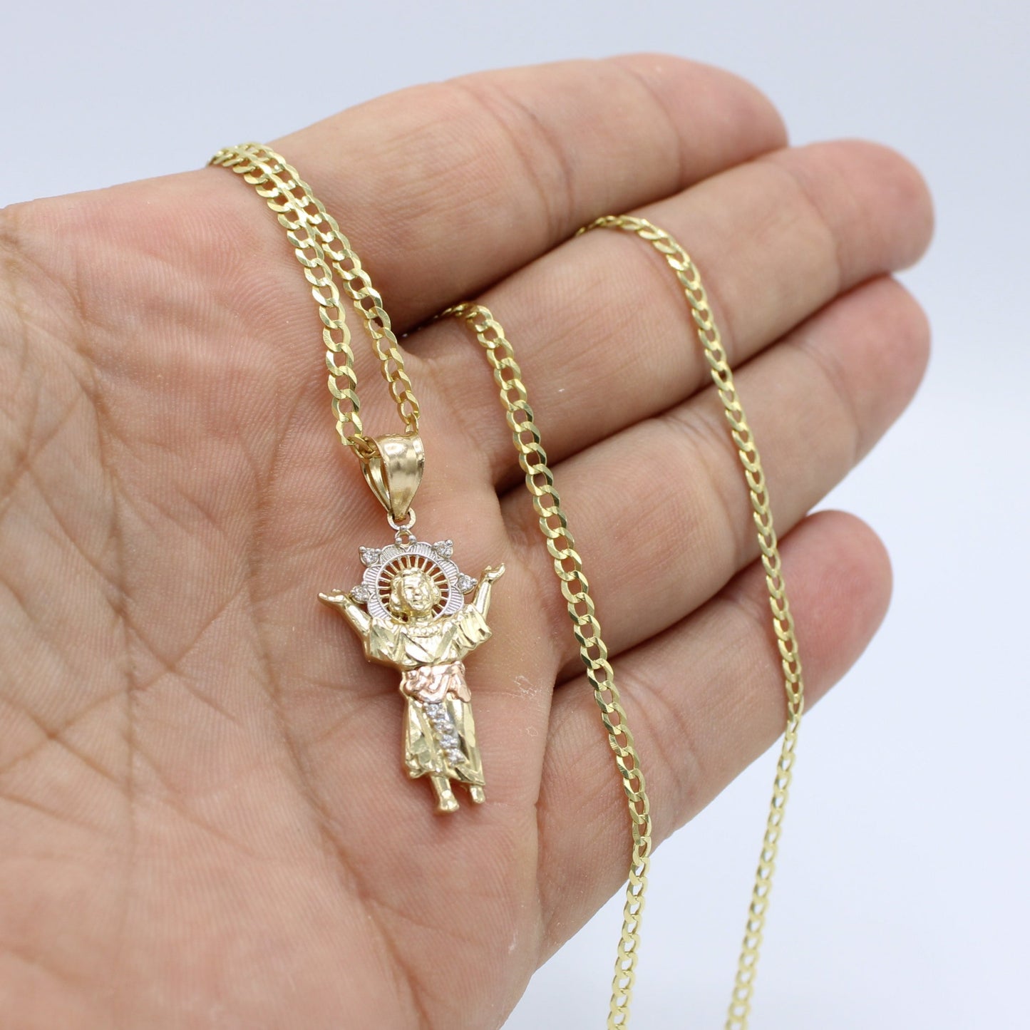 14K Divino Nino Pendant Three Tones With Flat Cubna Chain Yellow Gold