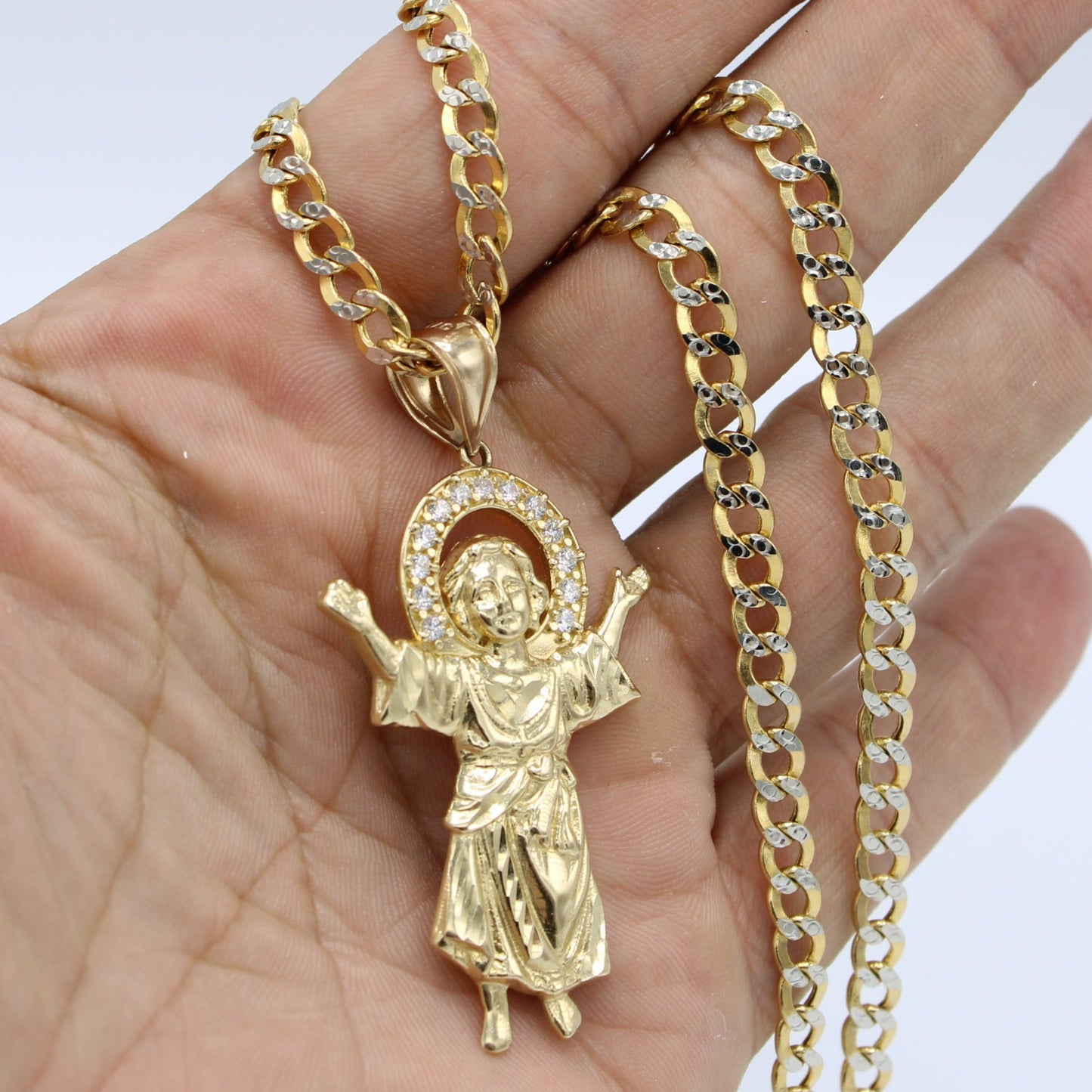 14K Divino Nino Pendant Cz Stones With Flat Cuban Chain Two Tones Yellow Gold