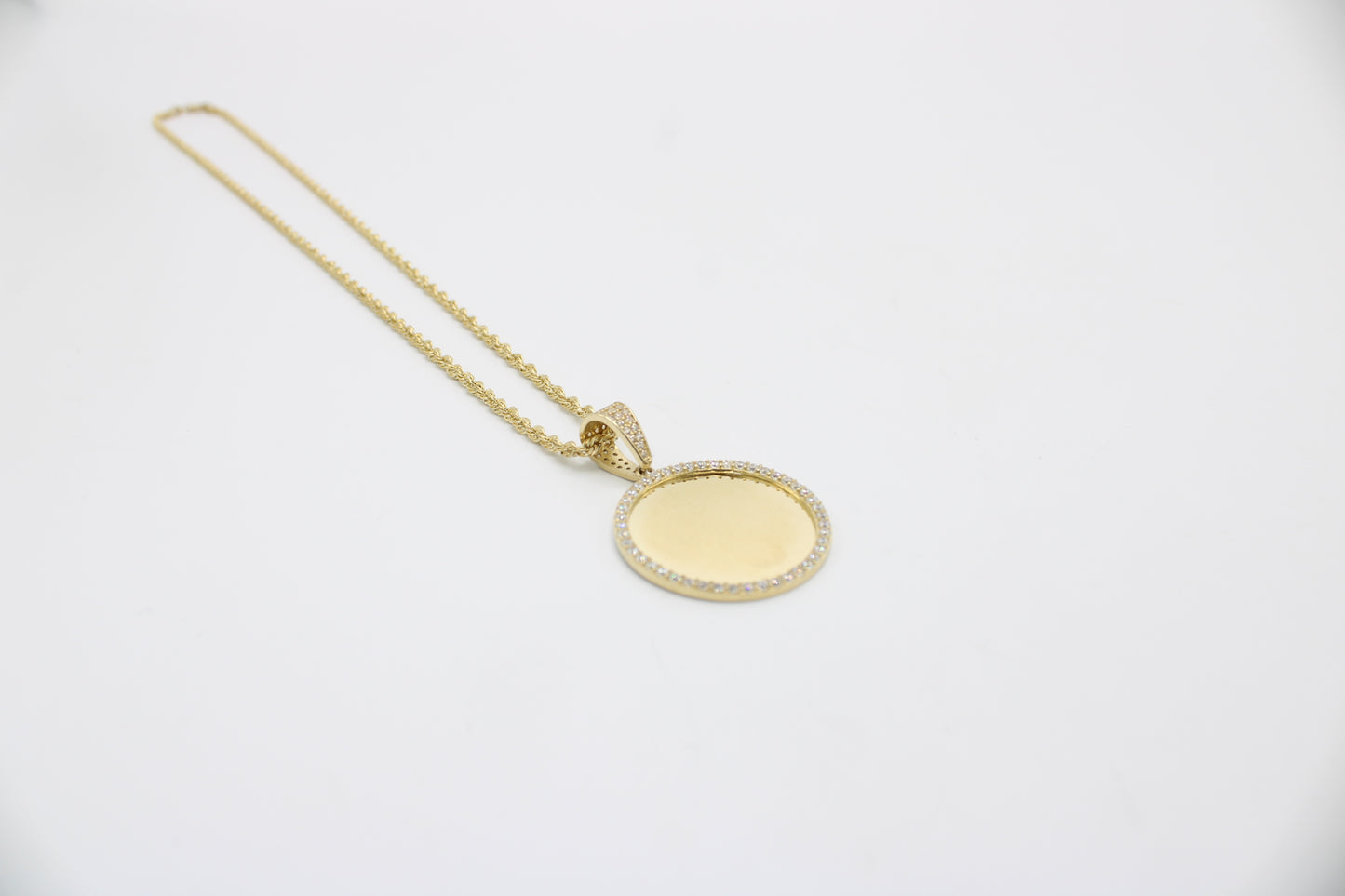 14K Round Picture Pendant Cz Stones With Rope Chain Yellow gold